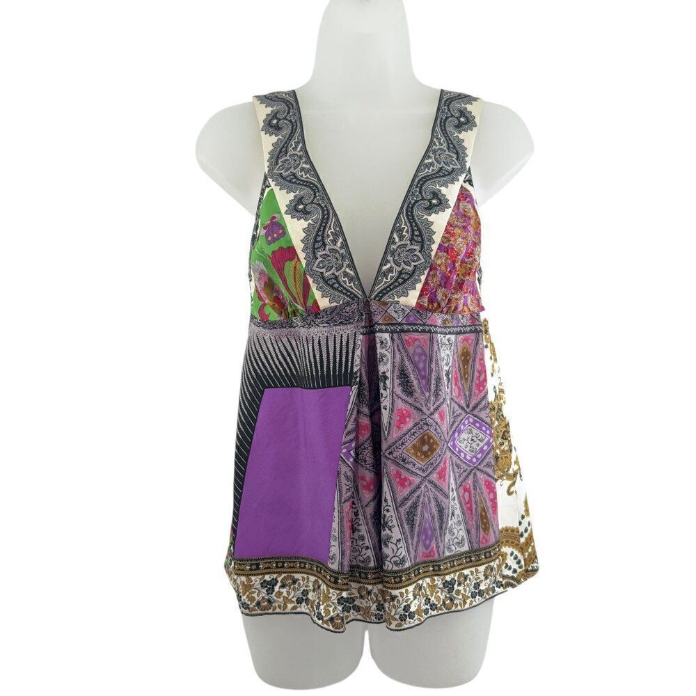 Etro Babydoll tank Top 100% Silk Patchwork Multicolor Back Zip Size 38